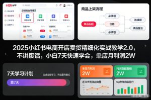 2025小红书电商开店卖货精细化实战教学2.0，不讲废话，小白7天快速学会，单店月利润2W-八爪鱼资源库