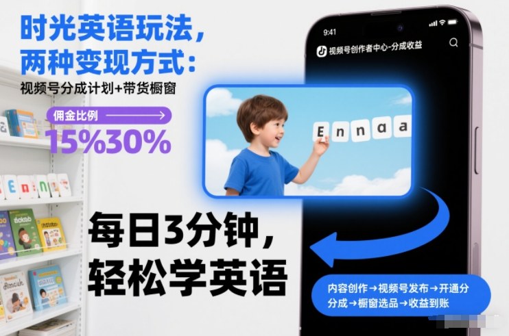 时光英语玩法，两种变现方式：视频号分成计划+带货橱窗-八爪鱼资源库