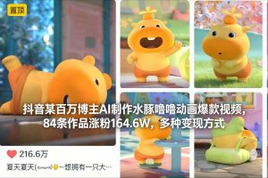 抖音某百万博主AI制作水豚噜噜动画爆款视频，84条作品涨粉164.6W，多种变现方式-八爪鱼资源库