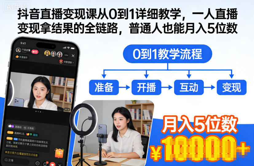 抖音直播变现课从0到1详细教学,一人直播变现拿结果的全链路,普通人也能月入5位数-八爪鱼资源库