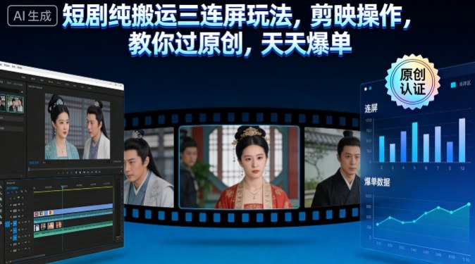短剧纯搬运三连屏玩法,剪映操作,教你过原创,天天爆单-八爪鱼资源库