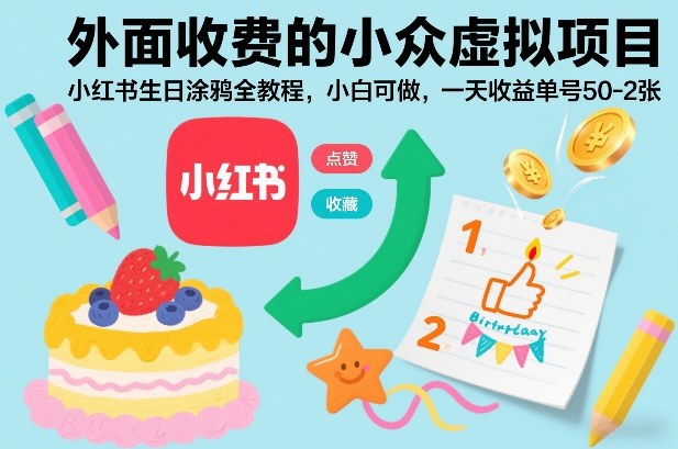 外面收费的小众虚拟项目，小红书生日涂鸦全教程，小白可做，一天收益单号50-2张-八爪鱼资源库