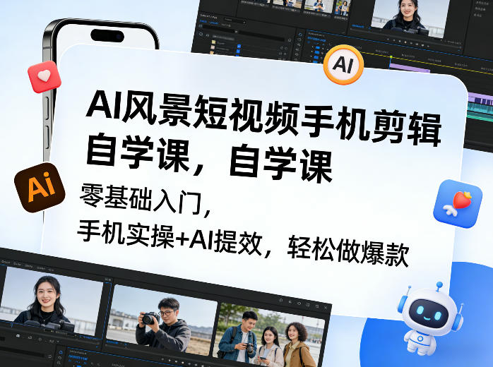 AI风景短视频手机剪辑自学课，零基础入门，手机实操+AI提效，轻松做爆款-八爪鱼资源库