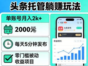 头条托管躺賺玩法，单账号月入2k+，每天5分钟发布即可，零门槛被动收益项目【揭秘】-八爪鱼资源库