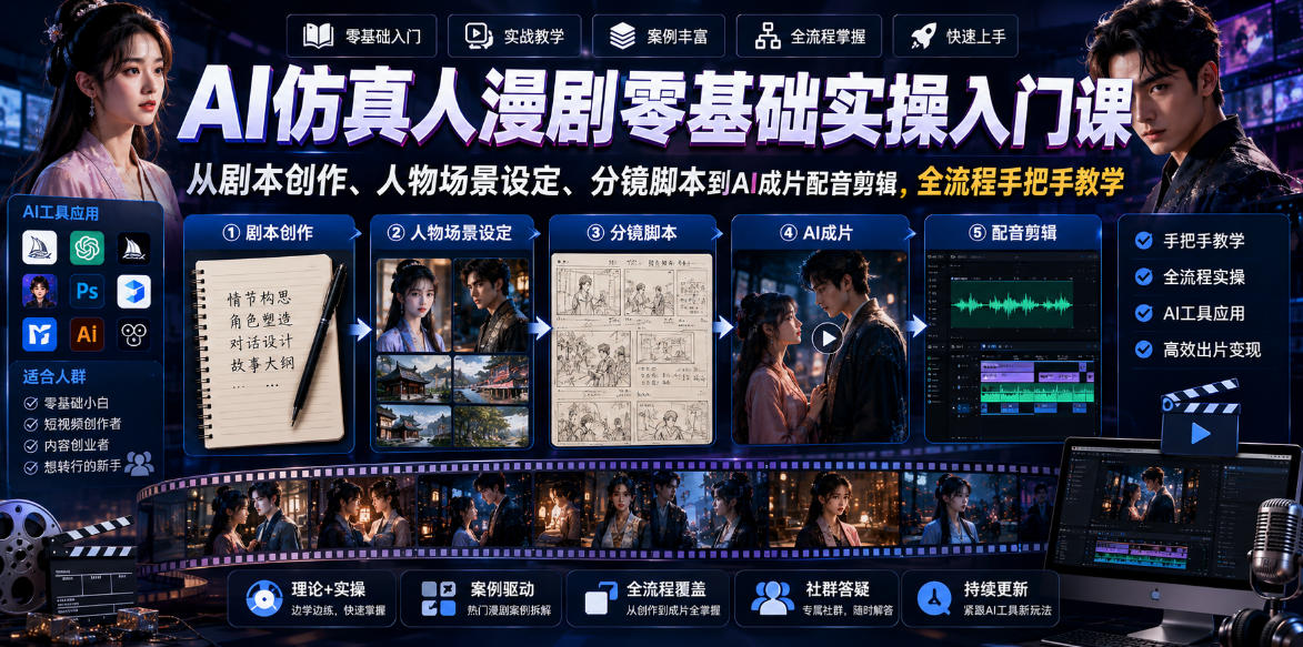 AI仿真人漫剧零基础实操入门课，从剧本创作、人物场景设定、分镜脚本到AI成片配音剪辑，全流程手把手教学-八爪鱼资源库