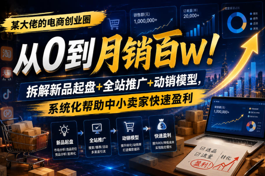 某大佬的电商创业圈从0到月销百W!拆解新品起盘+全站推广+动销模型,系统化帮助中小卖家快速盈利-八爪鱼资源库