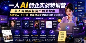 一人AI创业实战特训营，单人零团队轻资产创业指南，AI数字人+IP打造+短视频流量全套路落地变现教程-八爪鱼资源库