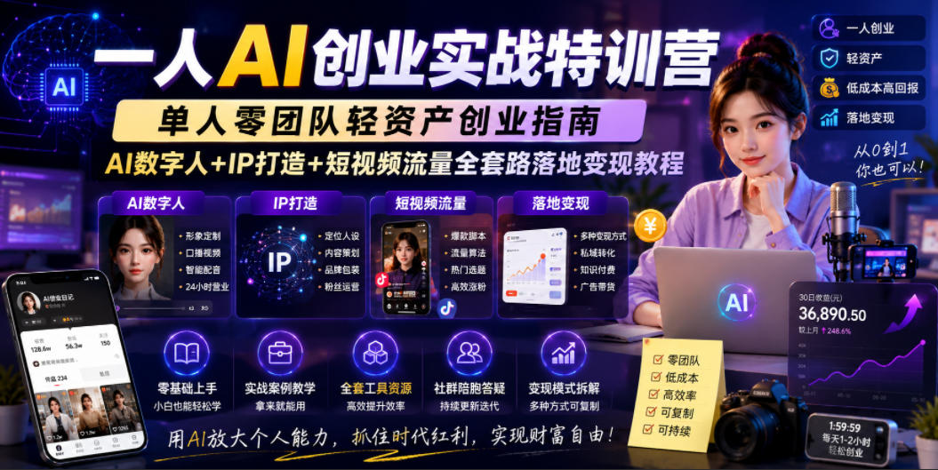 一人AI创业实战特训营，单人零团队轻资产创业指南，AI数字人+IP打造+短视频流量全套路落地变现教程-八爪鱼资源库