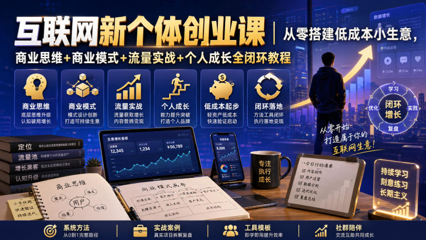 互联网新个体创业课|从零搭建低成本小生意,商业思维+商业模式+流量实战+个人成长全闭环教程-八爪鱼资源库