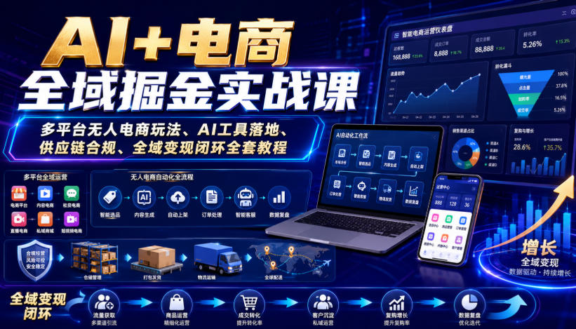 AI+电商全域掘金实战课｜多平台无人电商玩法、AI工具落地、供应链合规、全域变现闭环全套教程-八爪鱼资源库