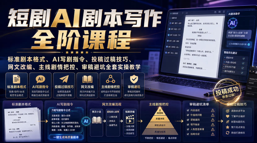 短剧AI剧本写作全阶课程｜标准剧本格式、AI写剧指令、投稿过稿技巧、网文改编、主线剧情把控、审稿避坑全套实操教学-八爪鱼资源库