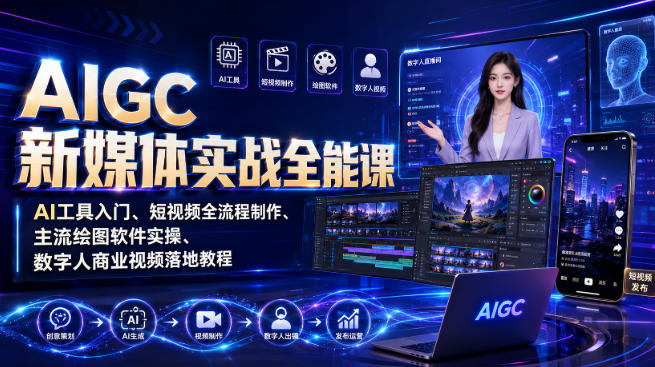 AIGC新媒体实战全能课｜AI工具入门、短视频全流程制作、主流绘图软件实操、数字人商业视频落地教程-八爪鱼资源库