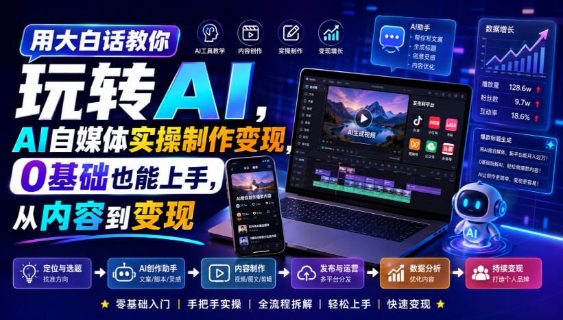 用大白话教你玩转AI，AI自媒体实操制作变现，0基础也能上手，从内容到变现-八爪鱼资源库