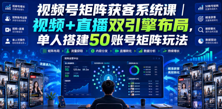 视频号矩阵获客系统课|视频+直播双引擎布局,单人搭建50账号矩阵玩法,流量入池、搜索占位、全域引流沉淀私域全流程教学-八爪鱼资源库