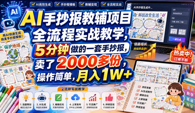 AI手抄报教辅项目全流程实战教学，5分钟做的一套手抄报，卖了2000多份，操作简单，月入1W+-八爪鱼资源库
