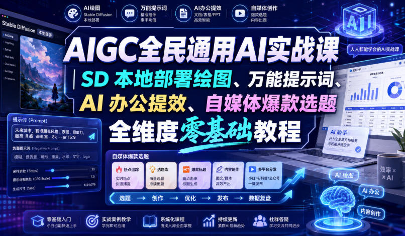 AIGC全民通用AI实战课｜SD本地部署绘图、万能提示词、AI办公提效、自媒体爆款选题全维度零基础教程-八爪鱼资源库