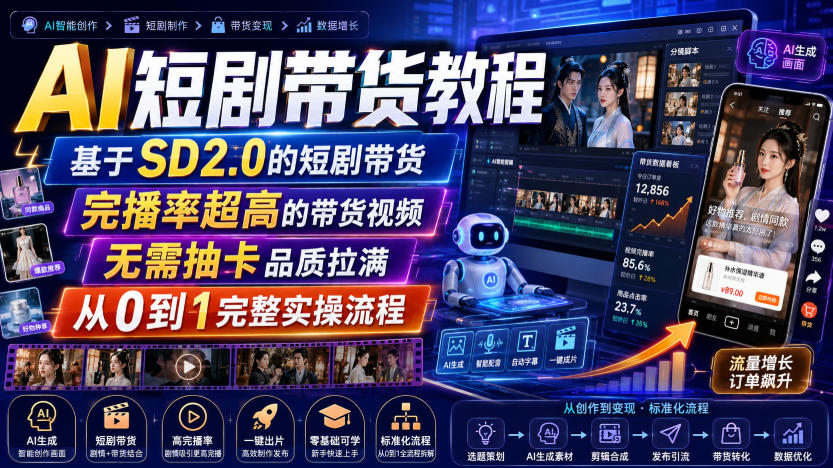 AI短剧带货教程,基于SD2.0的短剧带货,完播率超高的带货视频,无需抽卡品质拉满,从0到1完整实操流程-八爪鱼资源库