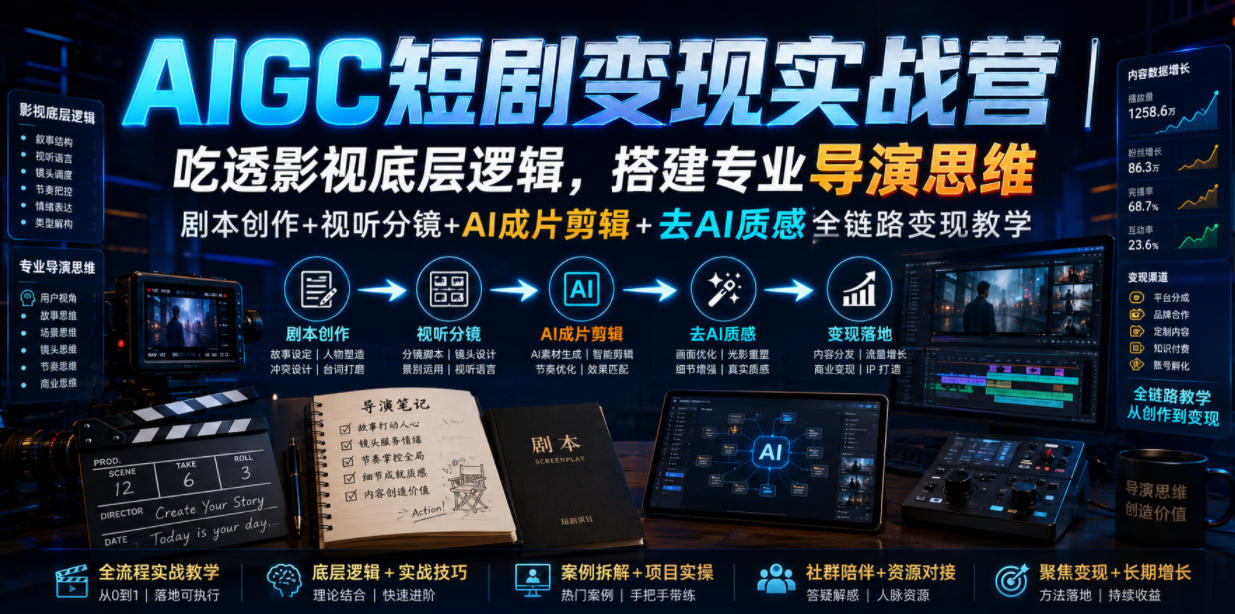 AIGC短剧变现实战营|吃透影视底层逻辑,搭建专业导演思维,剧本创作+视听分镜+AI成片剪辑+去AI质感全链路变现教学-八爪鱼资源库