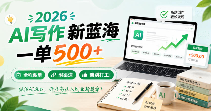 2026 AI写作新蓝海，一单500+，全程派单，附渠道，告别打工！【揭秘】-八爪鱼资源库