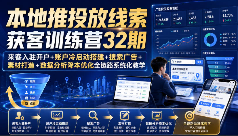 本地推投放线索获客训练营32期|来客入驻开户+账户冷启动搭建+搜索广告+素材打造+数据分析降本优化全链路系统化教学(8月全新课程)-八爪鱼资源库