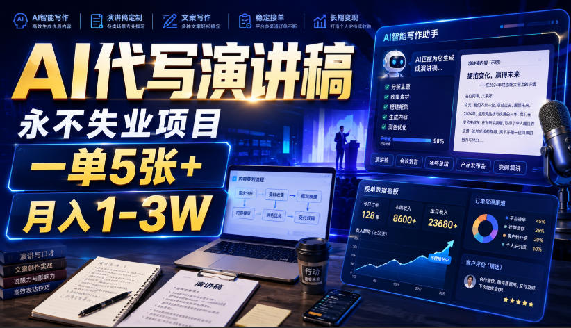 AI代写演讲稿，永不失业项目，一单5张+，月入1-3W【揭秘】-八爪鱼资源库