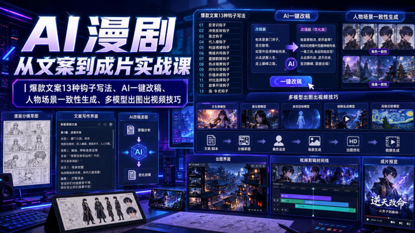 AI漫剧从文案到成片实战课|爆款文案13种钩子写法、AI一键改稿、人物场景一致性生成、多模型出图出视频技巧-八爪鱼资源库
