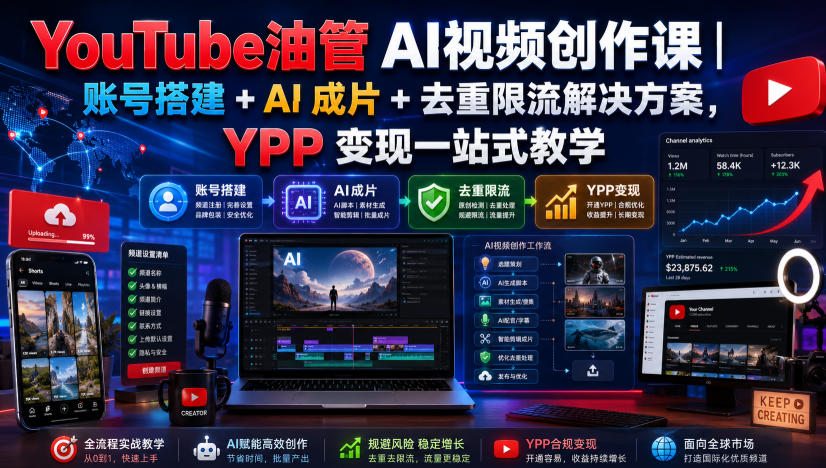 YouTube油管AI视频创作课|账号搭建+AI成片+去重限流解决方案,YPP变现一站式教学-八爪鱼资源库