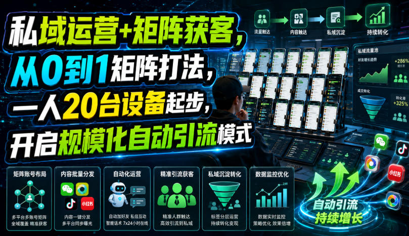 私域运营+矩阵获客,从0到1矩阵打法,一人20台设备起步,开启规模化自动引流模式!-八爪鱼资源库