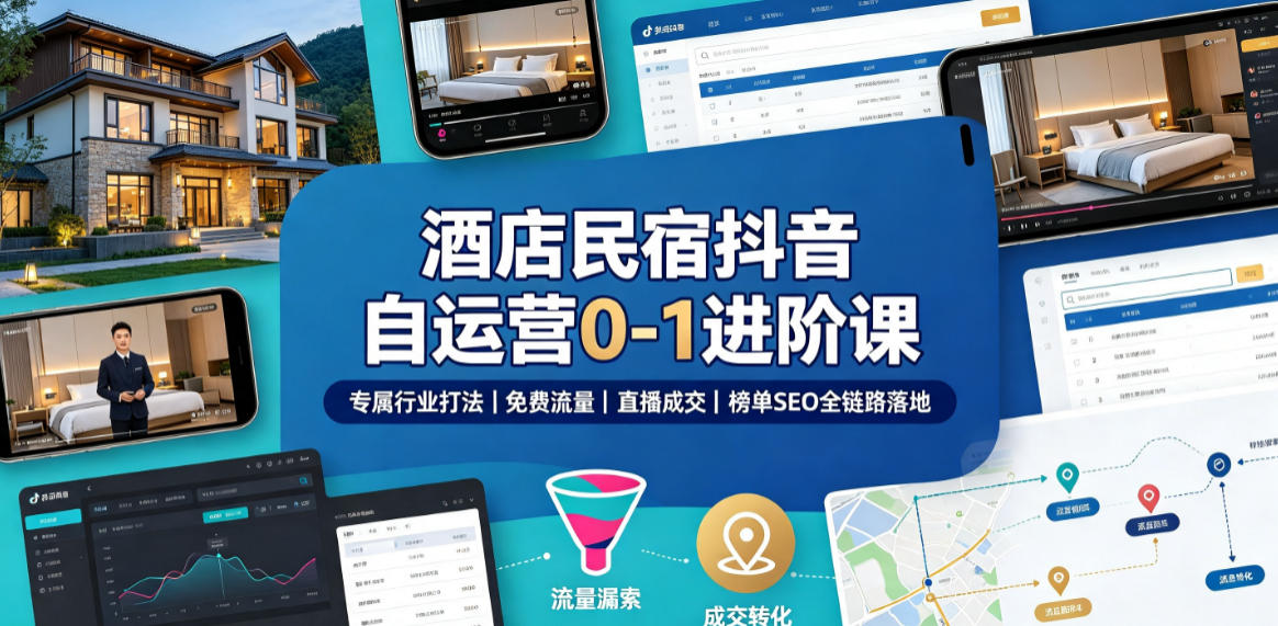 酒店民宿抖音自运营0-1进阶课|专属行业打法、免费流量+直播成交+榜单SEO全链路落地-八爪鱼资源库