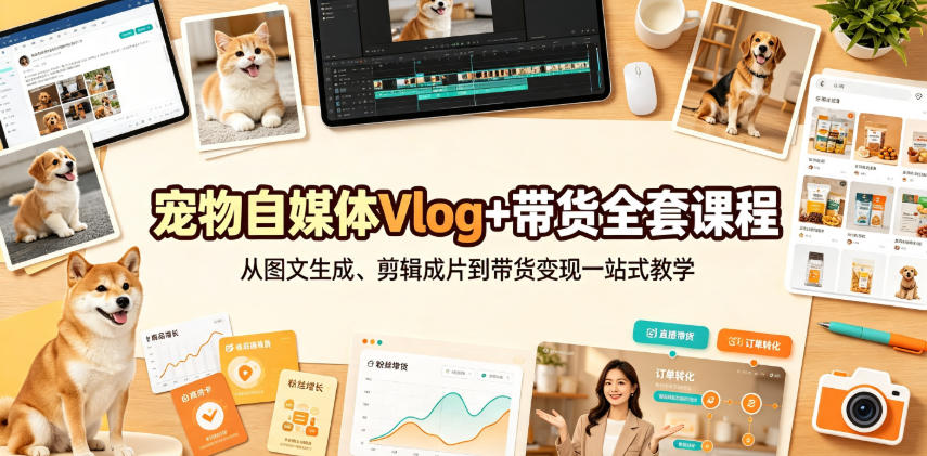 宠物自媒体Vlog+带货全套课程|从图文生成、剪辑成片到带货变现一站式教学-八爪鱼资源库