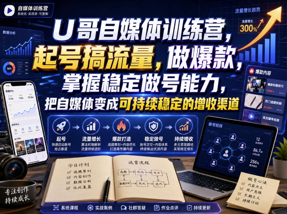 U哥自媒体训练营,起号搞流量,做爆款,掌握稳定做号能力,把自媒体变成可持续稳定的增收渠道-八爪鱼资源库