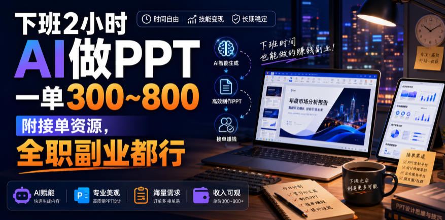 下班2小时AI做PPT，一单300~800，附接单资源，全职副业都行【揭秘】-八爪鱼资源库