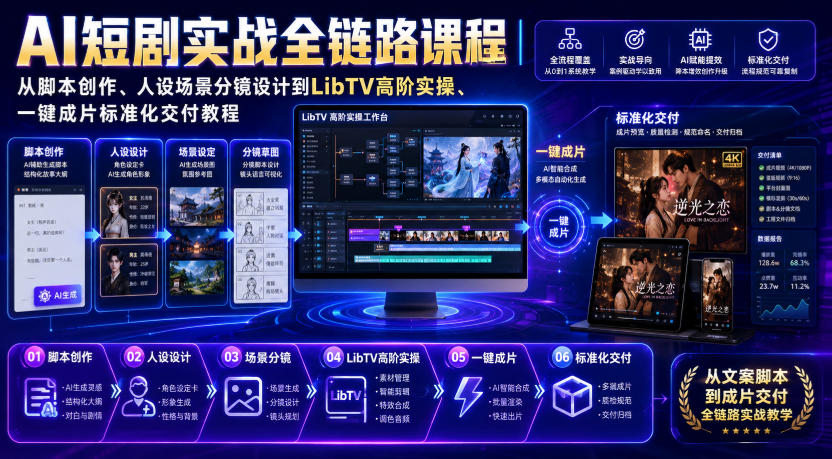 AI短剧实战全链路课程|从脚本创作、人设场景分镜设计到LibTV高阶实操、一键成片标准化交付教程-八爪鱼资源库